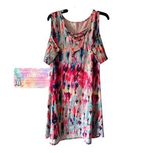 Blue Time Cold Shoulder Lattice Neck Abstract Watercolor Mini Dress XL Pink Blue